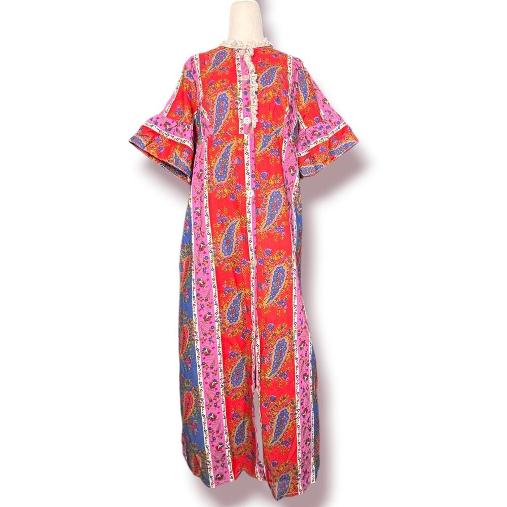 Vintage Handmade Paisley Floral House Dress Button Front Lace Trim Boho Maxi